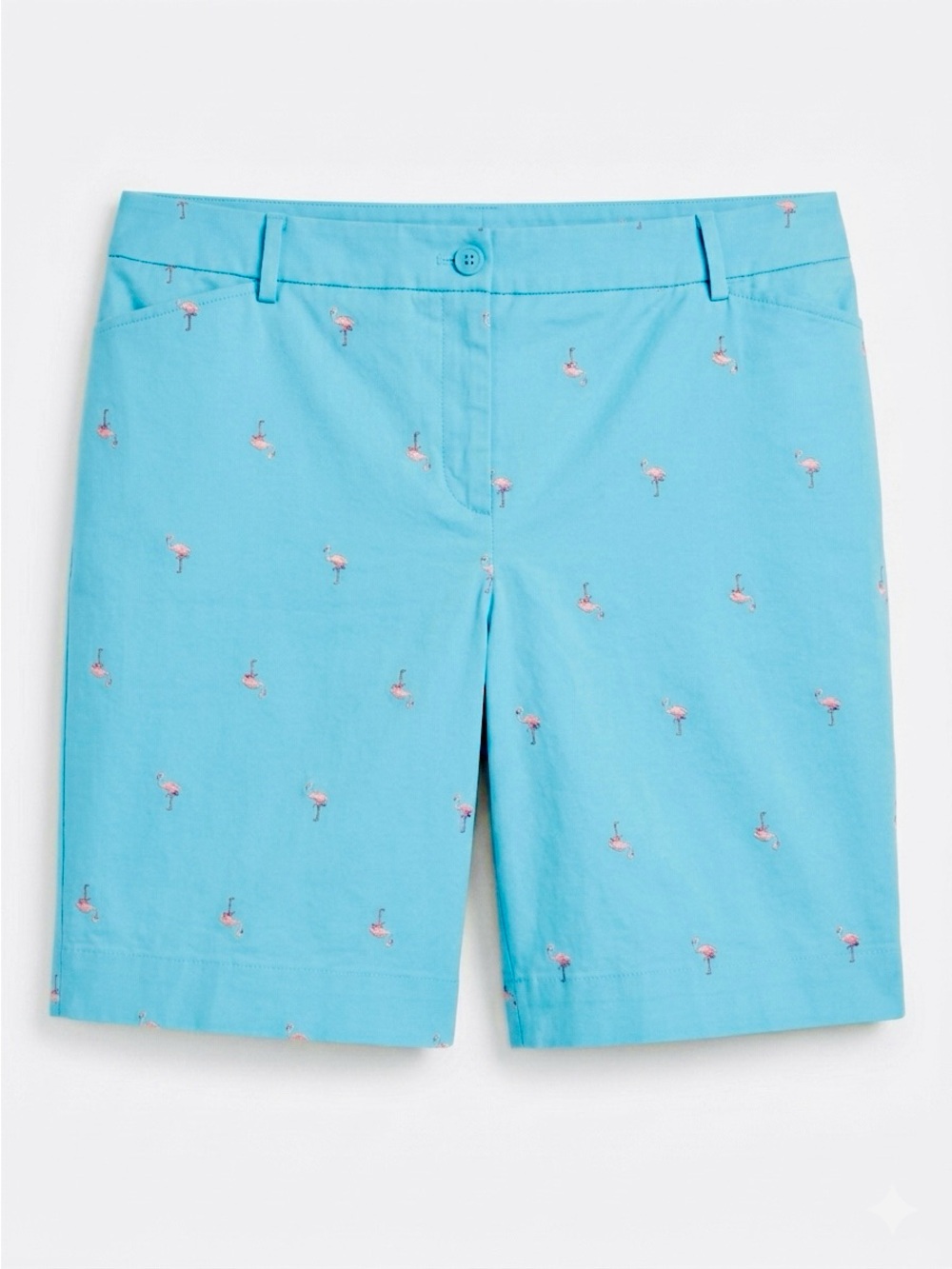 Talbots Light Blue Pink Flamingo Embroidered Chino Shorts Size 12 98%cotton